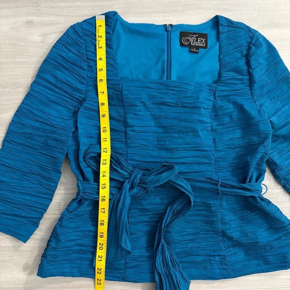 Alex Evenings Top Womens Teal Blue Textured Tie Waist Square Neck Blouse Top L - Picture 5 of 14